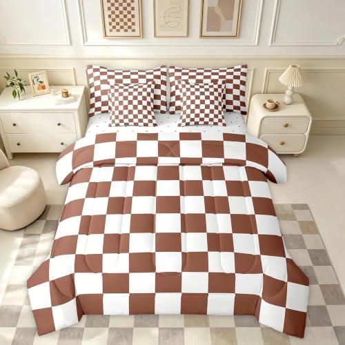 Feelyou Checkered 7 Piece Bedding Set Teen Coffee Brown White Plaid Comforter Set with Sheets King Size Kids Boys Cute Retro Neutral Checkerboard Geometric Bed in a Bag Vintage Aesthetic Room Decor