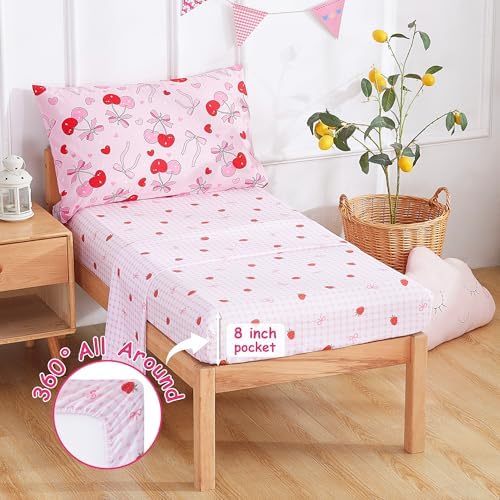 Mooreeke Toddler Bedding Sets for Girls,4 Pieces Pink Cherry Bow Printed