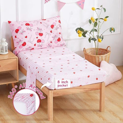 Mooreeke Toddler Bedding Sets for Girls,4 Pieces Pink Cherry Bow Printed