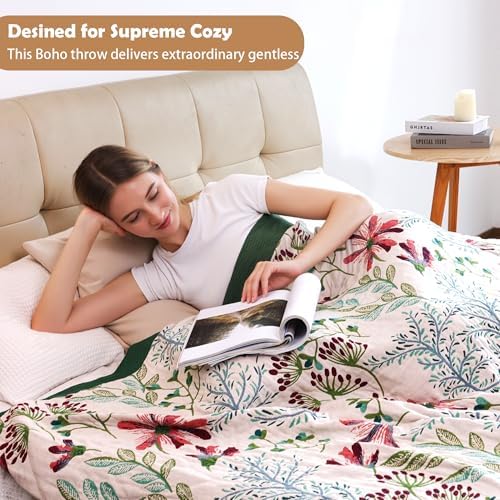 VANJOROY Boho Throw Blanket, 100% Organic Cotton Breathable Ultra Soft 50" x 60" Bed Quilt Throw - All Season Floral Rustic Farmhouse Decor Luxury Reversible Blanket for Sofa Couch Chair and Gift