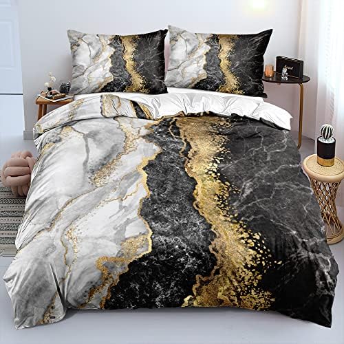 Black Gray and Gold Metallic Marble Duvet Cover Set Queen Size Foil Print Glitter Bedding Comforter Covers with 2 Pillow Shams Breathable Durable Soft Comfy