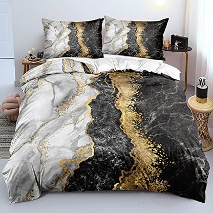 Black Gray and Gold Metallic Marble Duvet Cover Set Full Size Foil Print Glitter Bedding Comforter Covers with 2 Pillow Shams Breathable Durable Soft Comfy