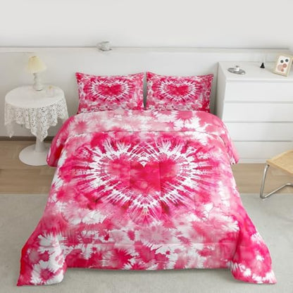 Rose Red Tie Dye Comforter Set Queen Size,Cute Heart Pink Tie Dye Bedding Set 3pcs for Kids Teens Girls Women Room Decor,Watercolor Tie Dye Quilt Set Modern Fashion Down Comforter with 2 Pillowcases