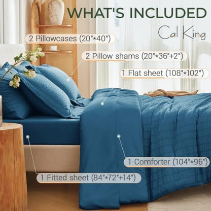 MUXHOMO 7 Pieces California King Comforter Set, Seersucker Bed in a Bag Cal King Size, All Season Luxury Bedding Set with Comforter, Flat Sheet, Fitted Sheet, Pillowcases & Shams, Teal