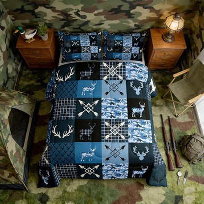 Feelyou Camo Deer Antlers Bedding Set Soft for Boys Girls, Animal Arrow Silhouette Comforter Set Queen Size Rustic Cabin Duvet Quilt Microfiber Lattice Bedroom Decor 3 Pcs with 2 Pillow Cases