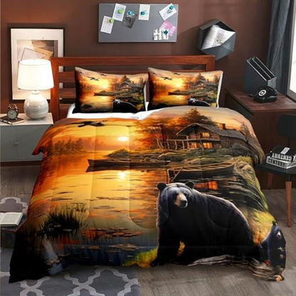 LUVIVIHOME 3PCS Black Bear Comforter Set Queen Size, Rustic Cabin Bedding, Forest Animals Mallard Duck Wildlife Hunting Hunter Country Lodge Farmhouse Bedroom Decor, Microfiber Quilt, 2 Pillow Shams