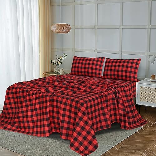 RUVANTI 100% Cotton Flannel Sheets Queen Size, Red & Black Plaid