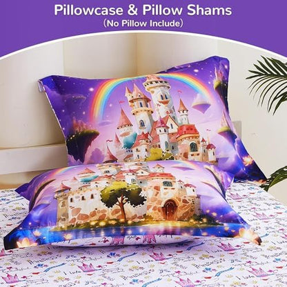 Viviland Twin Bedding Set for Girls 5 Piece Bed in a Bag with Comforter, Sheets, Pillowcases Soft Microfiber Kids Comforter Set, Oeko Certified, Machine Washable, Enchanted Rainbow Castle Fairy Tale