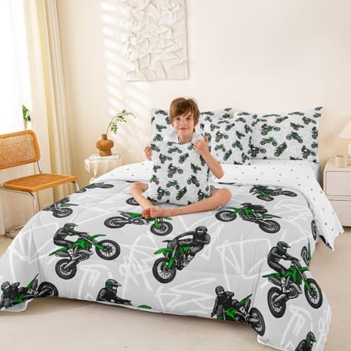 Feelyou Dirt Bike Comforter Set with Sheets 7 Piece Queen Racing Motocross Rider Bedding Set for Boys Girls Graffiti Style Lines Bed in a Bag Extreme Sports Room Decor Motorcycle Soft Lightweight