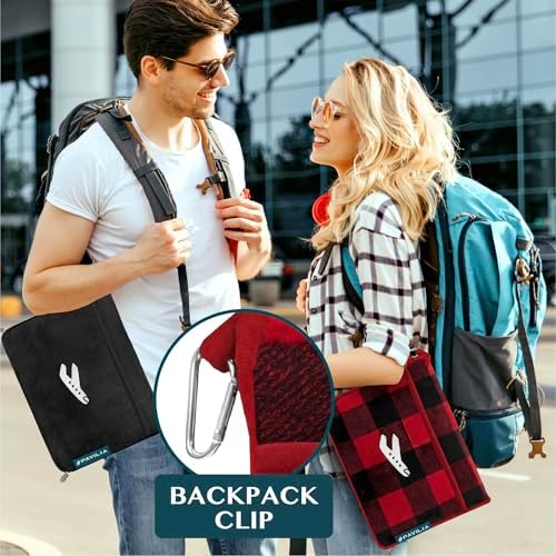 PAVILIA Travel Blanket and Pillow, Soft Ribbed Fleece Airplane, Plaid Red