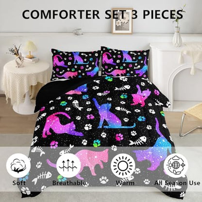 Axolotl Kids Gradient Cat Comforter Set King,3Pcs Cute Cats Bedding,Cartoon Paw Fish Bone Print Quilt Set with 1 Comforter 2 Pillowcases,Glitter Stars Bedding for Kids Boys Girls Teens Adults