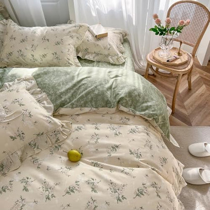 mixinni Reversible Sage Green Floral Duvet Cover Set King Size - 100% Cotton Cute Botanical Patterns Bedding Set with Ruffle Lace, 3PCs Beige Soft Aesthetic Cottagecore Style Duvet Cover for Girls
