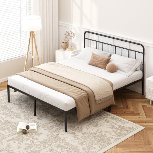 Kujielan 12 inches Queen Size Bed Frame with Minimalist Headboard, Black