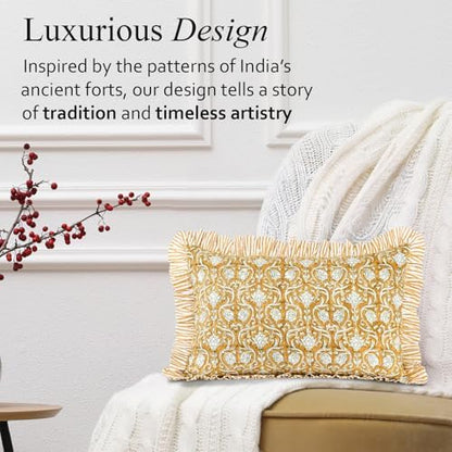 CPC Block Print Mustard Regal Ruffle Cotton Lumbar Pillow Cover 12x20 inch