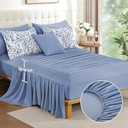6 Pieces Blue Comforter Set Twin Size, Floral Bed in a Bag Comforter Sets