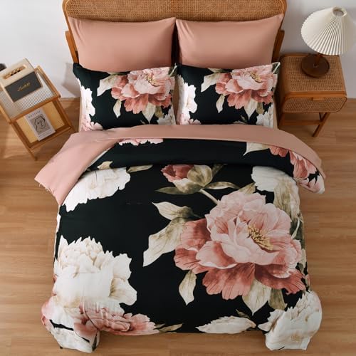 Dobuyly Black Twin Comforter Set 5 Piece Bed in a Bag, Pink Floral Printed on Black Comforter Set with Sheets, Soft Microfiber Botanical Flower Twin Bedding Set for All Season