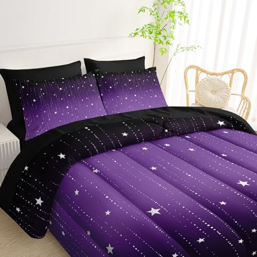 QOOMO Purple Galaxy 7 Pieces Comforter Set Twin,Starry Sky Bedding Set