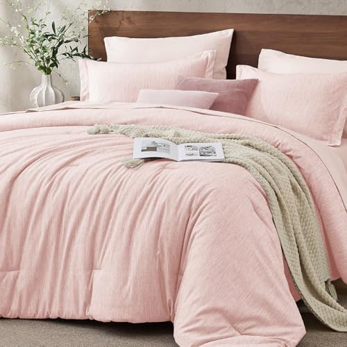JOLLYVOGUE Pink Full Comforter Set, Cationic Dyeing Bed in a Bag Full 7 Pieces, Double-Tone Bedding Set with Down Alternative Comforter, Sheets, Pillowcases & Shams