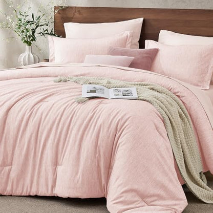 JOLLYVOGUE Pink Queen Comforter Set, Cationic Dyeing Bed in a Bag Queen 7 Pieces, Double-Tone Bedding Set with Down Alternative Comforter, Sheets, Pillowcases & Shams