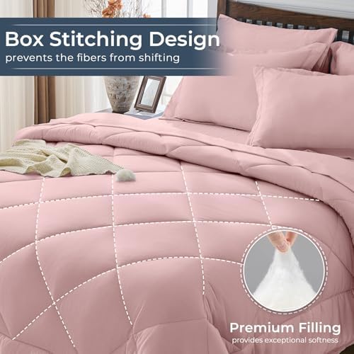 HEVUMYI 7-Piece California King Comforter Set, Dusty Pink Bed in a Bag