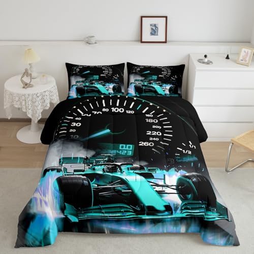 Feelyou Sports Car Bedding Set Formula Race Car Comforter Set for Kids Boys Girls Extreme Sports Theme Comforter Cool Speed Teal Blue Decor Quilt Set Bedroom Collection 3Pcs Queen Size