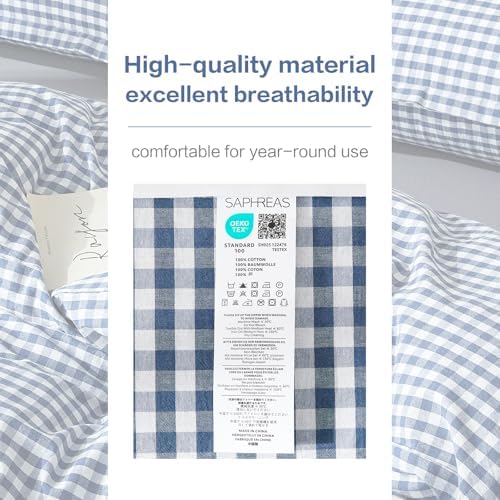 SAPHREAS Gingham Duvet Cover Set King Size, 100% Washed Cotton Linen Like Plaid Comforter Cover with Zipper Closure & Corner Ties (No Comforter), 104x90 Navy