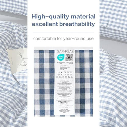 SAPHREAS Gingham Duvet Cover Set Queen Size, 100% Washed Cotton Linen Like Plaid Comforter Cover with Zipper Closure & Corner Ties (No Comforter), 90x90 Navy