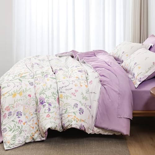 Yiran Floral Comforter Set Twin Size,7 Piece Cute Flower Pattern for Women Teen Girls,Soft Lightweight Purple Coquette Bedding Aesthetic Cottagecore Bed for All Season