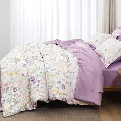 Yiran Floral Comforter Set Twin Size,7 Piece Cute Flower Pattern for Women Teen Girls,Soft Lightweight Purple Coquette Bedding Aesthetic Cottagecore Bed for All Season