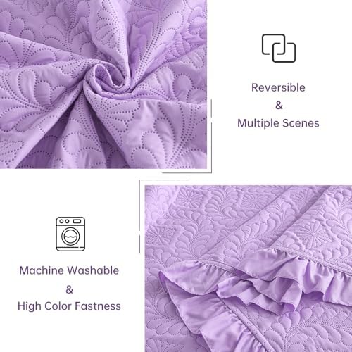 DJY Purple Quilt Set Twin Size Dorm Bedding, Ruffled Bedspreads
