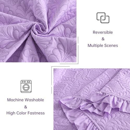 DJY Purple Quilt Set Twin Size Dorm Bedding, Ruffled Bedspreads