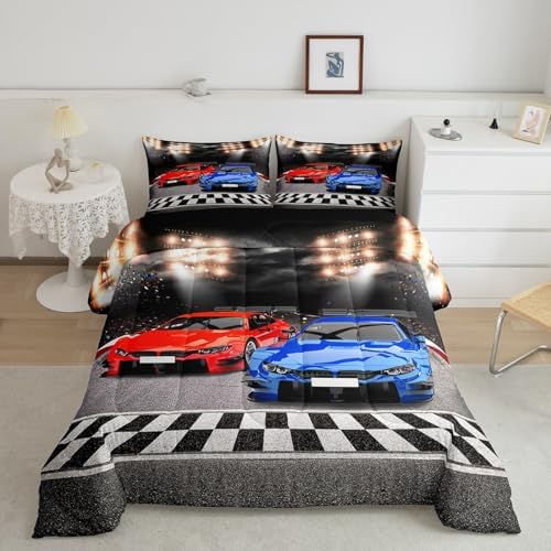 Feelyou Sports Car Comforter Twin Size Decor Red Blue Race Car Comforter Set for Kids Boys Racing Car Bedding Set Extreme Sports Competitive Quilt Set Room Decorations