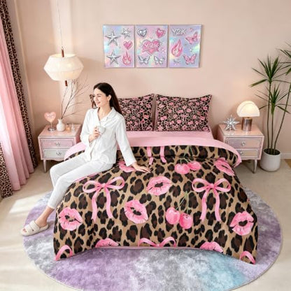 Erosebridal Leopard Skin King Size Comforter Set with Sheets Pink Ribbon Bow 7 Piece Bedding Set Pink Lips Print Bed in a Bag, Girls Bows Decor Coquette Room Decor