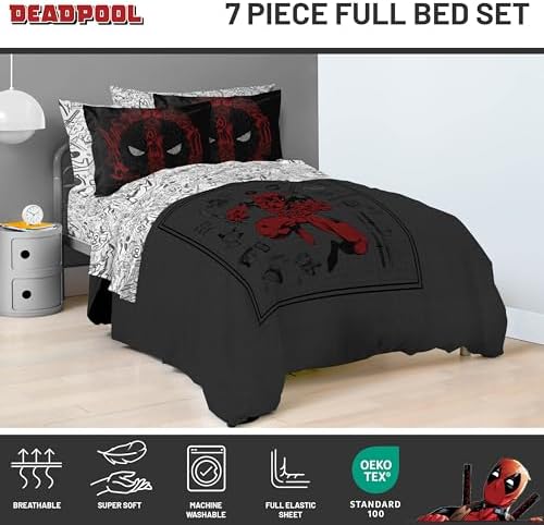 Marvel Deadpool Full Size Comforter Set 7 Piece Soft Bedding for Boys, Gray