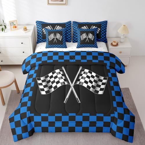 Teens Adult Racing Comforter Set King Size 7 Pcs Blue Black White Bedding Set with Comforter,Sheet Set,Pillowcase and Sham Racing Car Flag Game Theme Bed Set Checkered Flag Bedding for Room Decorative