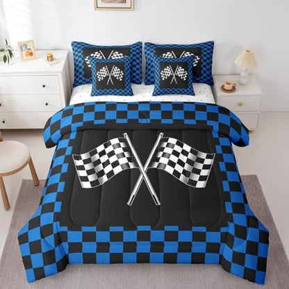 7 Pcs Kids Teens Racing Comforter Set Full Size Blue Black White Bedding Set with Comforter,Sheet Set,Pillowcase and Sham Racing Car Flag Game Theme Bed Set Checkered Flag Bedding for Room Decorative