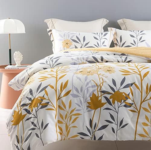 SLEEPBELLA Comforter King Size, 600 Thread Count Cotton Grey Branch with Yellow Flower & Grey Leaves Pattern Orange Reversible Comforter Set,Down Alternative Bedding Set 3Pcs(King, Yellow Botanical)