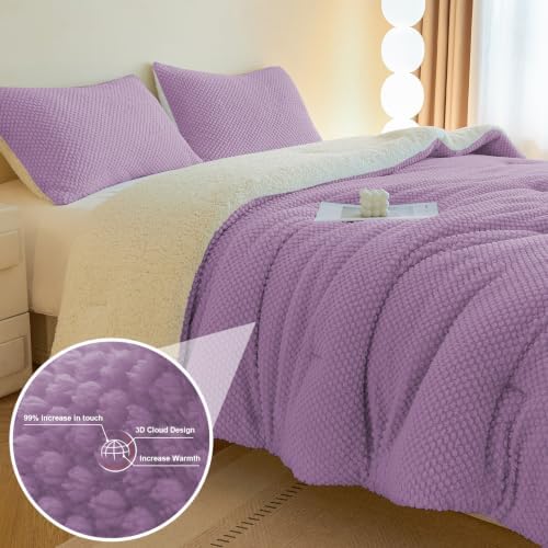 LLanCL 3D Jacquard Design Comforter Set, Ultra-Soft Warm Queen Size Sherpa Fur Plush 3-Pieces Sets Luxury Cozy Bedding with 2 Pillowcases (90"x90", Lavender Purple)