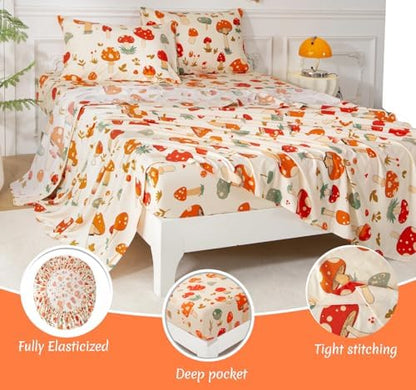 SDY 7PCS Mushroom Bedding Twin，Mushroom Comforter Twin and Bed Sheets for Boys Girls and Kids witj 1Comforter 1Fitted Sheet 1Flat Sheet 2Pillow Cover 2Pillow Sham
