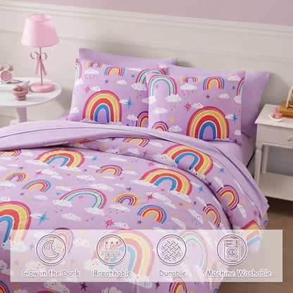 Twin Comforter Set for Girls - 5 Pieces Purple Rainbow Twin Bedding Sets