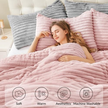 BEDELITE Fleece King Comforter Set, Fluffy Bed Set, Pink