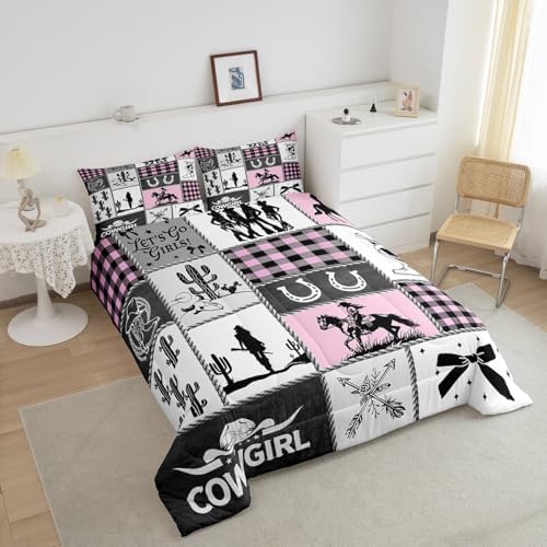 Western Cowgirl Kids Comforter Set King Size,Cactus Horseshoe Cowgirl Boot Rustic Bedding Set,Girls Women Room Decor,Bow Cow Skull Patchwork Down Comforter,Pink Fashion Duvet Insert,2 Pillowcases