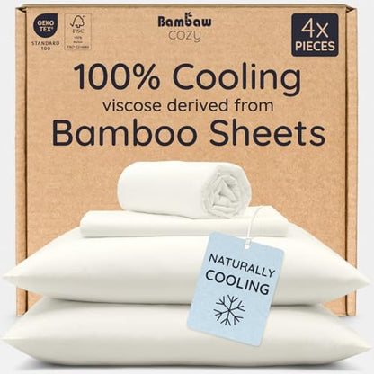 Bambaw 100% Viscose Derived from Bamboo Sheets Queen Size Set – 4pcs Cooling Sheets Queen Size, Perfect for Hot Sleepers, with Deep Pockets, Fits Up to 16'' with Elastic Corner Straps (Ivory)