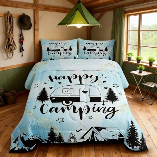 Manfei Happy Camping Camper Kids Comforter Set Queen Size,Star Pine Tree Mountain Bedding Set,Girls Boys Room Decor,Rustic Farmhouse Cabin Quilt Comforter,Blue Country Duvet Insert,2 Pillowcases