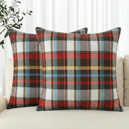 AVOIN colorlife Spring Summer Red Brown Blue Plaid Decorative Throw Pillow Covers, 18 x 18 Inch Holiday Scottish Tartan Cushion Case Farmhouse Decoration for Sofa Couch Set of 2