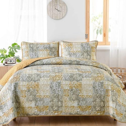 Mybedsoul Boho Quilt King Size, Patchwork Reversible Bedding Set, Yellow
