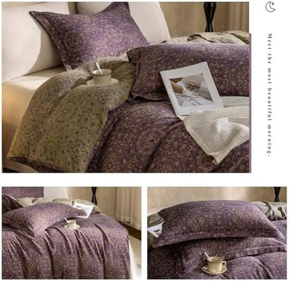 VM VOUGEMARKET Full Duvet Cover Set Purple Green Floral Pattern,3 Pieces Reversible Boho Medallion Jacquard Flower Bedding Set,Linen Cotton Yarn-Dyed Textured Duvet Cover with Zipper Closure