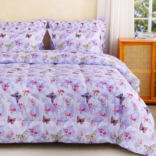 lasoftan Floral Queen Comforter Set with Sheets, 7 piece Luxury Vintage Bedding, Soft Microfiber Bed in a Bag, Cozy Lightweight Bed Set, Lavender Butterfly