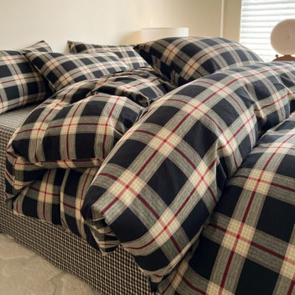 Mucalis Black Buffalo Plaid Duvet Cover Queen Size 100% Washed Cotton Green Red Gingham Duvet Cover Vintage Checkered Duvet Cover Set Retro 3 Piece Grid Bedding Set with Zipper Closure 4 Corner Ties