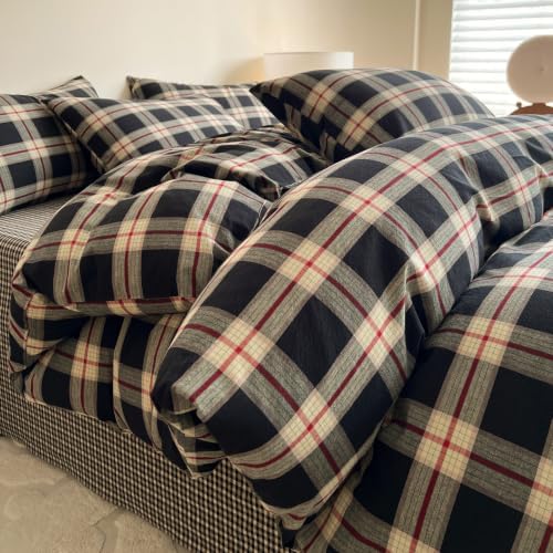 Mucalis Black Buffalo Plaid Duvet Cover King 100% Washed Cotton Green Red Checkered Duvet Cover Vintage 3 Piece Grid Bedding Set with Zipper Closure 4 Corner Ties
